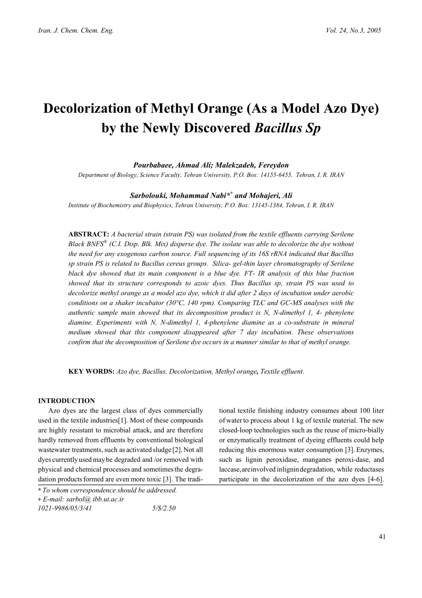 Pdf Decolorization Of Methyl Orange As A Model Azo Dye The Newly Discovered Bacillus Sp