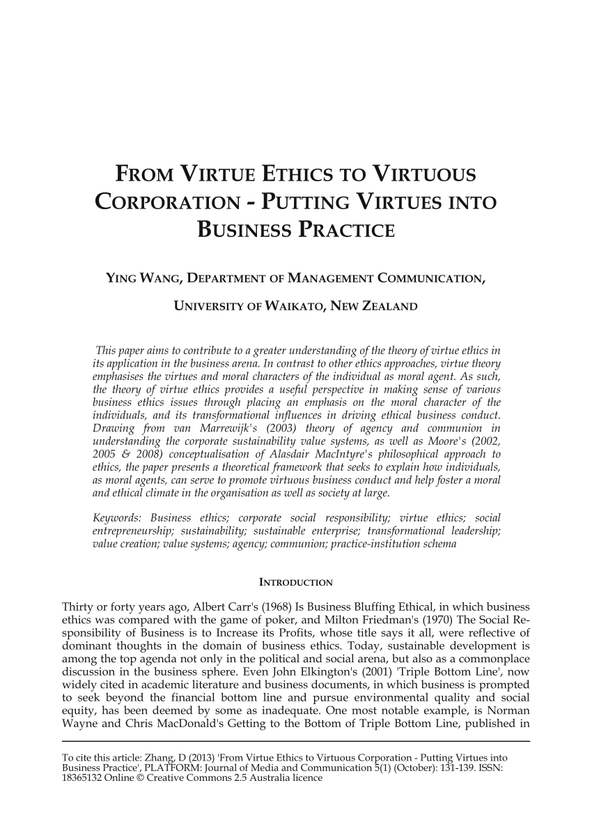 (PDF) From Virtue Ethics to Virtuous Corporation - Putting Virtues into