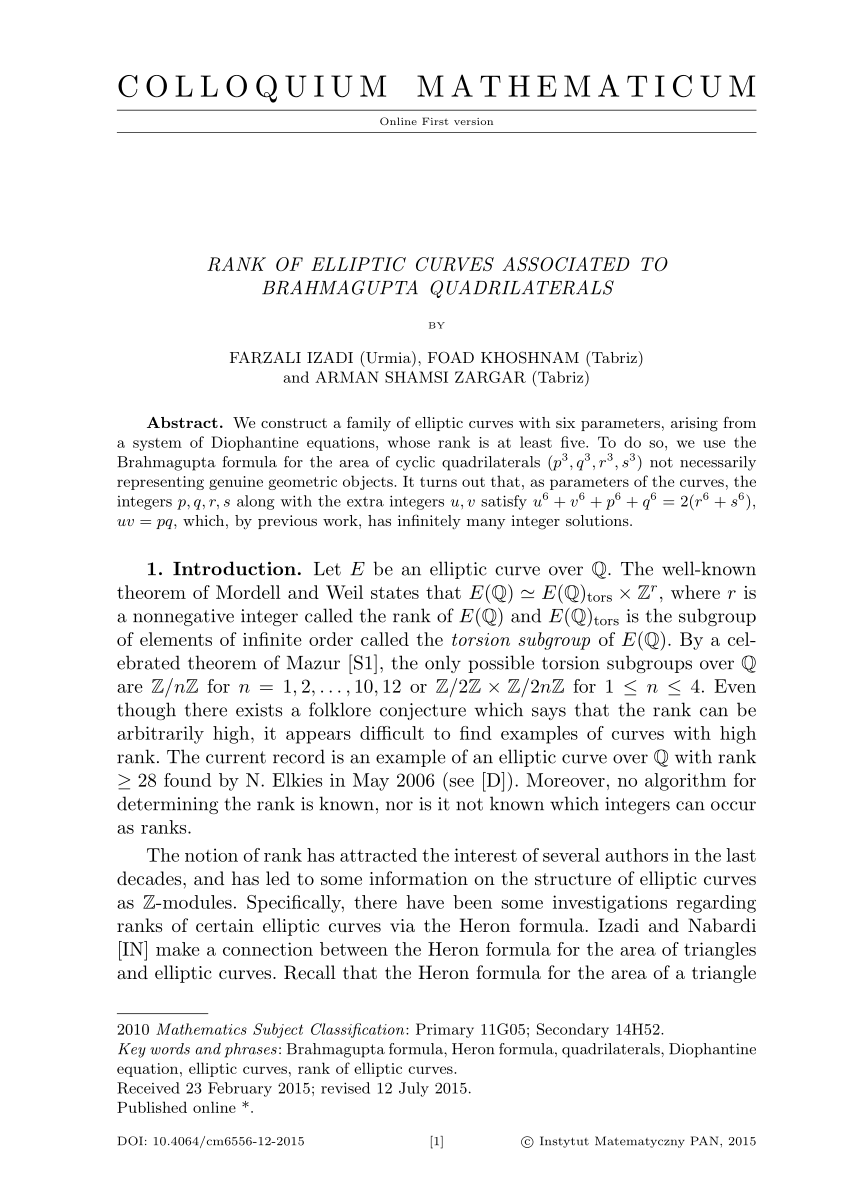 PDF) Rank of elliptic curves associated to Brahmagupta quadrilaterals
