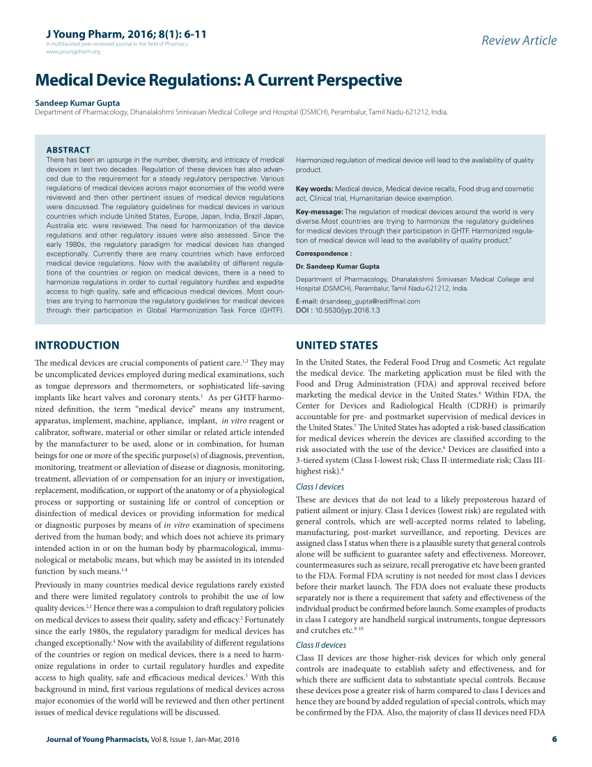 (PDF) Medical Device Regulations A Current Perspective