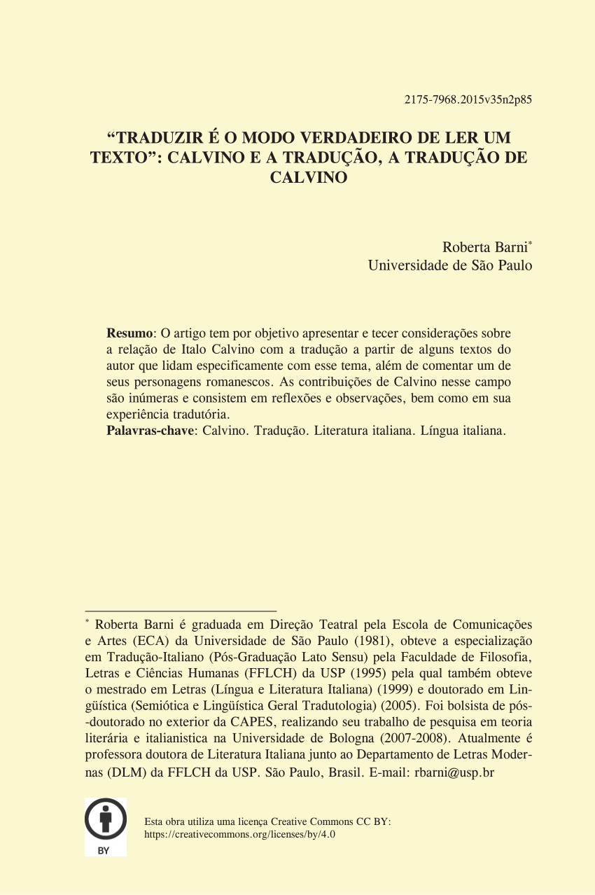 PDF) “Traduzir é o modo verdadeiro de ler um texto”: Calvino e a tradução,  a tradução de Calvino