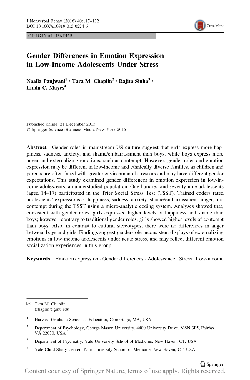 Gender Differences In Emotion Expression In Low Income Adolescents Under Stress Request Pdf