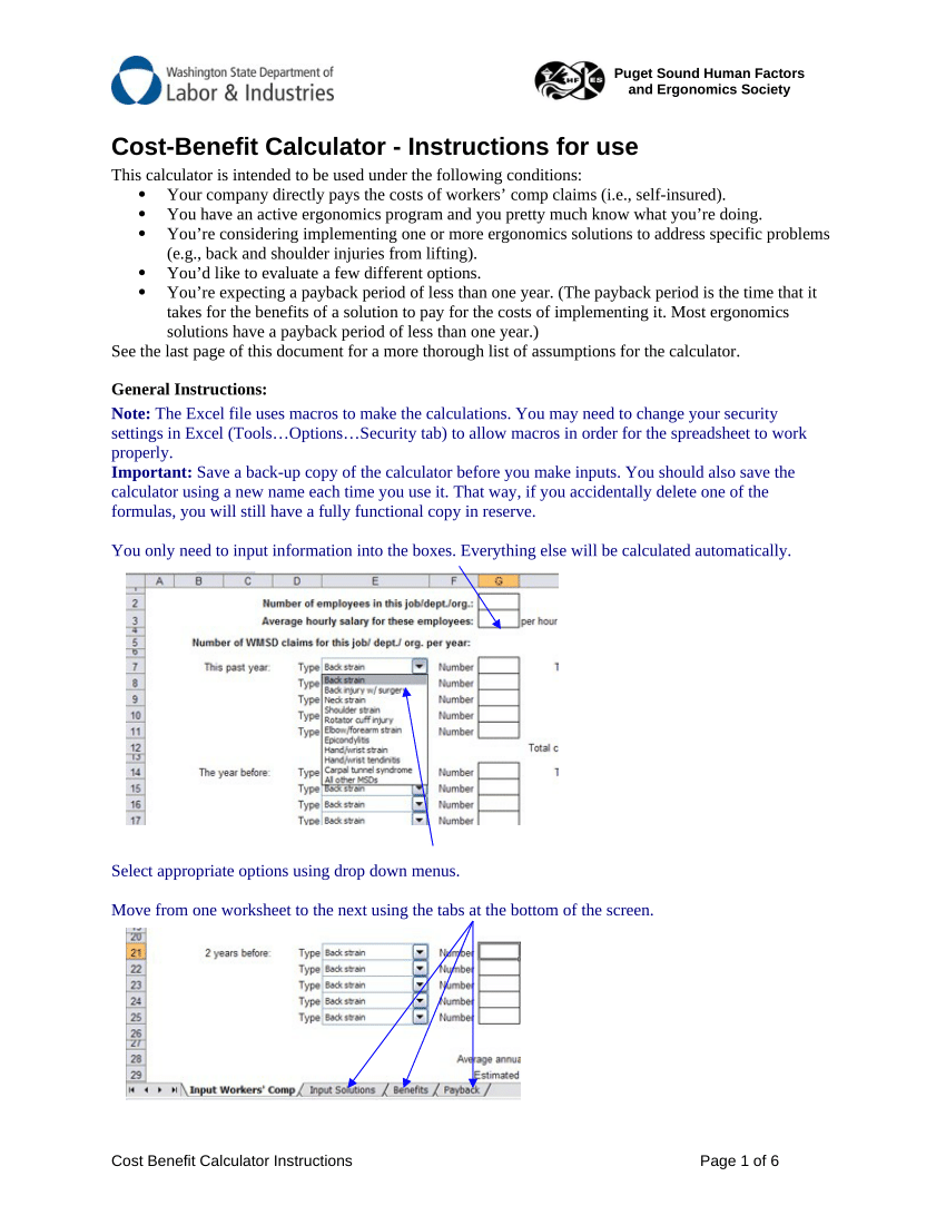 Pdf Ergonomics Cost Benefit Calculator Instructions 3906