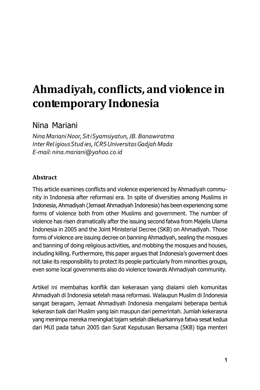 PDF Ahmadiyah conflicts and violence in contemporary Indonesia