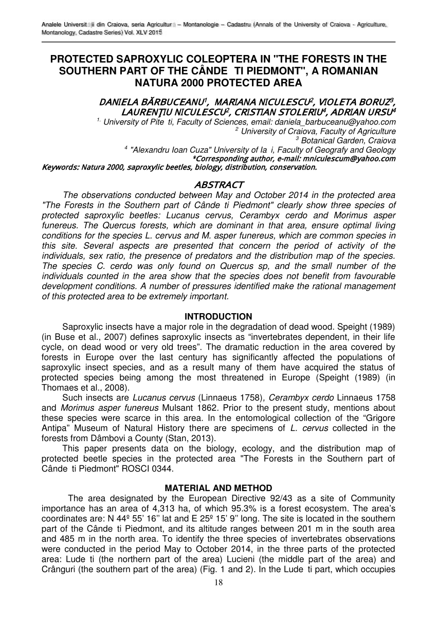 Pdf Protected Saproxylic Coleoptera In The Forests In The Southern Part Of The Candesti Piedmont A Romanian Natura 2000 Protected Area