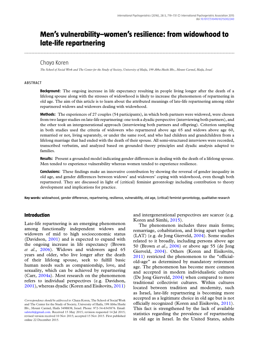 Pdf Men S Vulnerability Women S Resilience From Widowhood To Late Life Repartnering