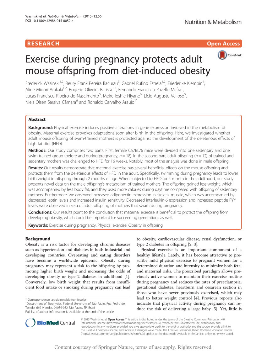 PDF Exercise during pregnancy protects adult mouse offspring from  