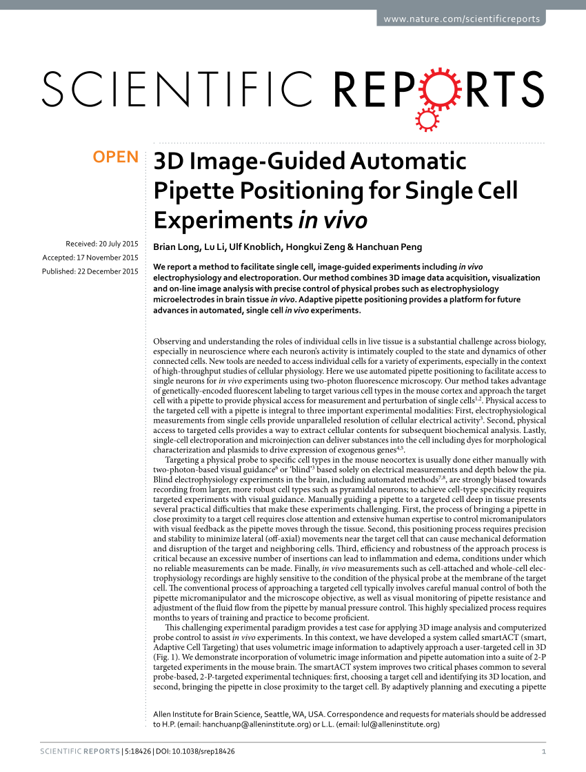 PDF) 3D Image-Guided Automatic Pipette Positioning for Single Cell ...