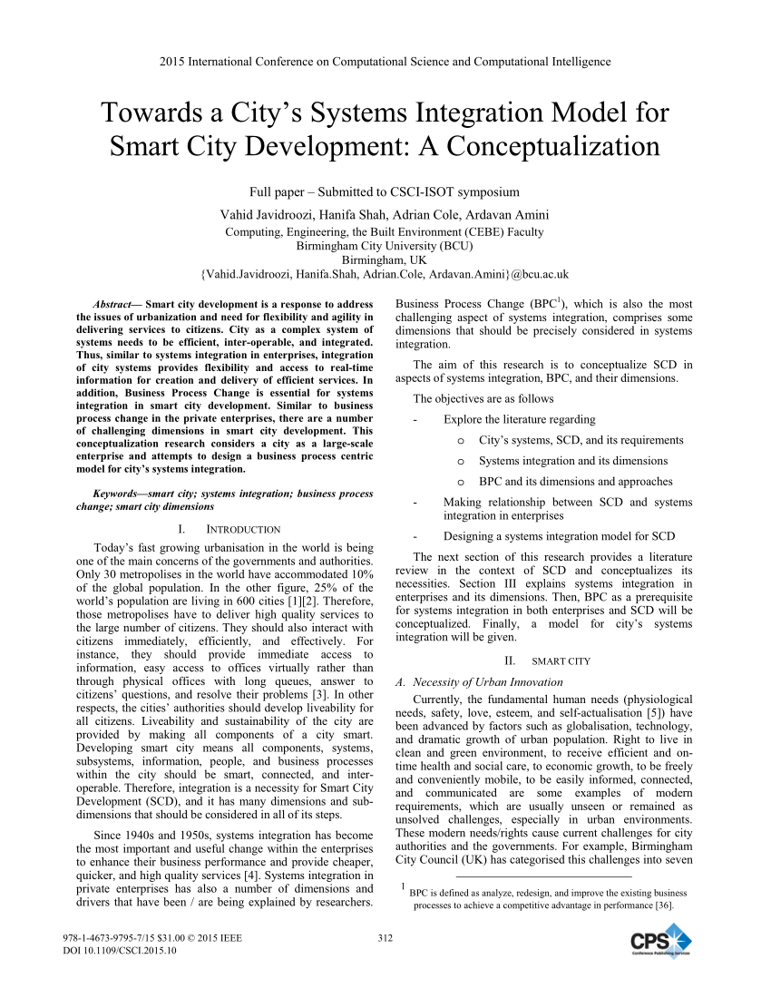 PDF) Towards a City's Systems Integration Model for Smart City Development:  A Conceptualization