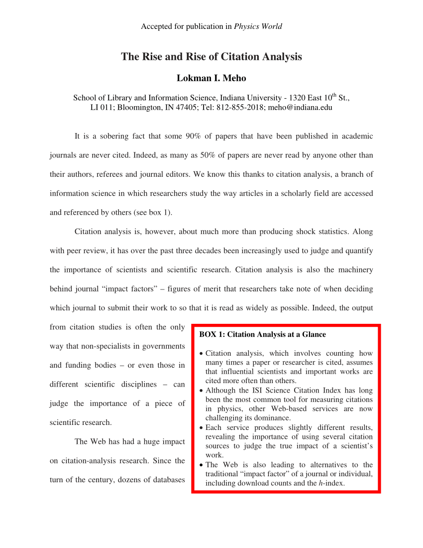 Pdf The Rise And Rise Of Citation Analysis