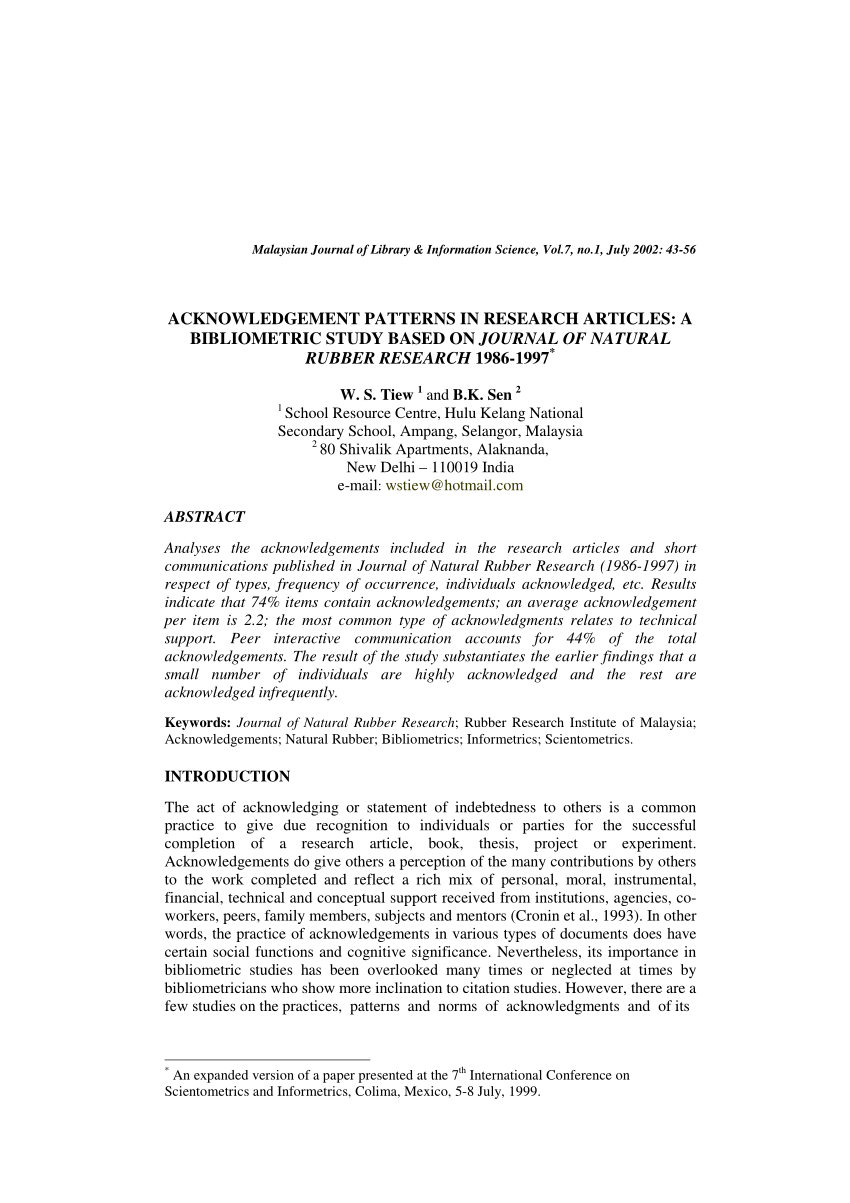 PDF) Acknowledgement Patterns in Research Articles: a Bibliometric