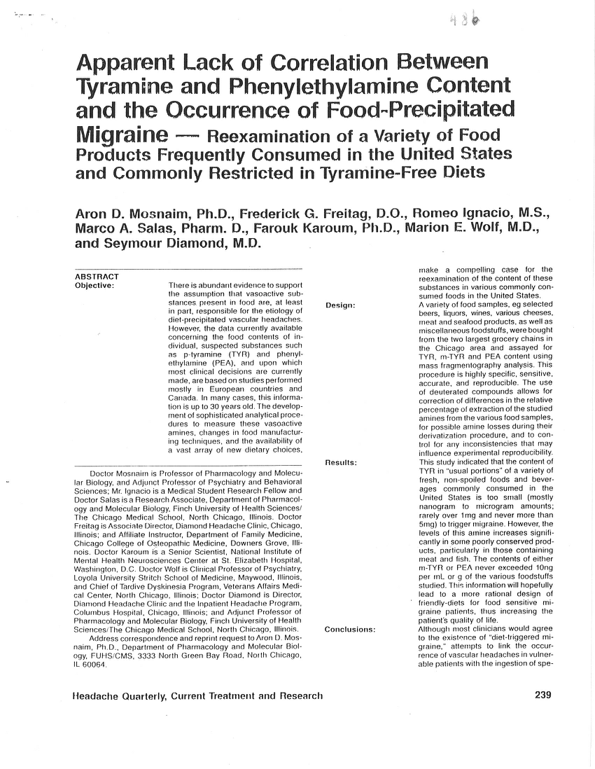 Pdf Apparent Lack Of Correlation Between Tyramine And Phenylethylamine Content And The Occurrence Of Food Precipitated Migraine Reexamination Of A Variety Of Food Products Frequently Consumed In The United States And Commonly