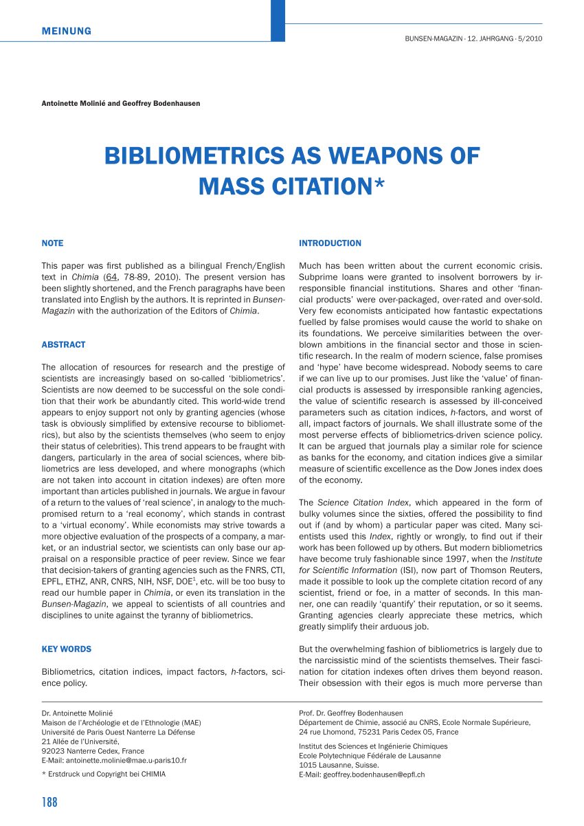 Pdf Bibliometrics As Weapons Of Mass Citation La Bibliometrie Comme Arme De Citation Massive