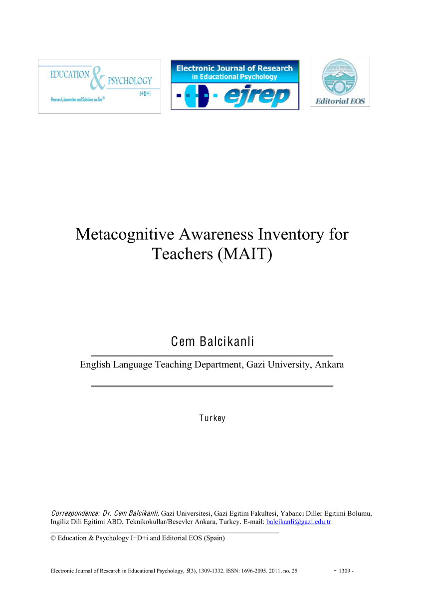 Pdf Metacognitive Awareness Inventory For Teachers Mait