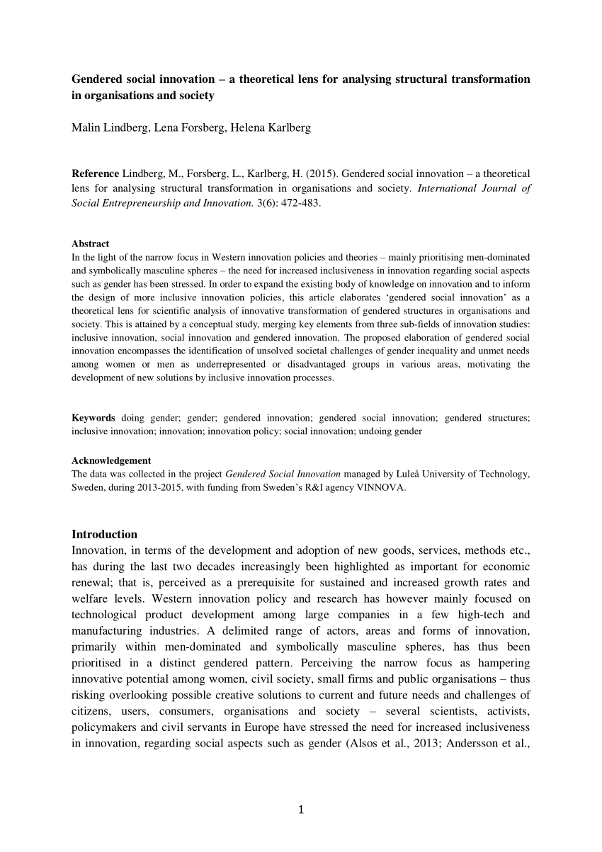 Pdf Gendered Social Innovation A Theoretical Lens For Analysing Structural Transformation In 