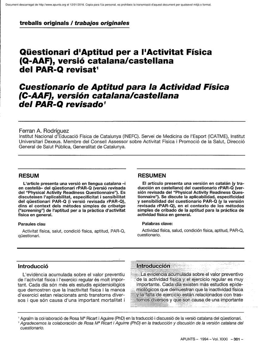 Pdf Spanish Version Of The Physical Activity Readiness Questionnaire C f Rpar Q