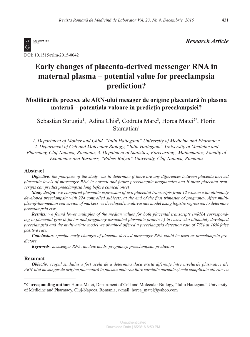 Pdf Early Changes Of Placenta Derived Messenger Rna In Maternal