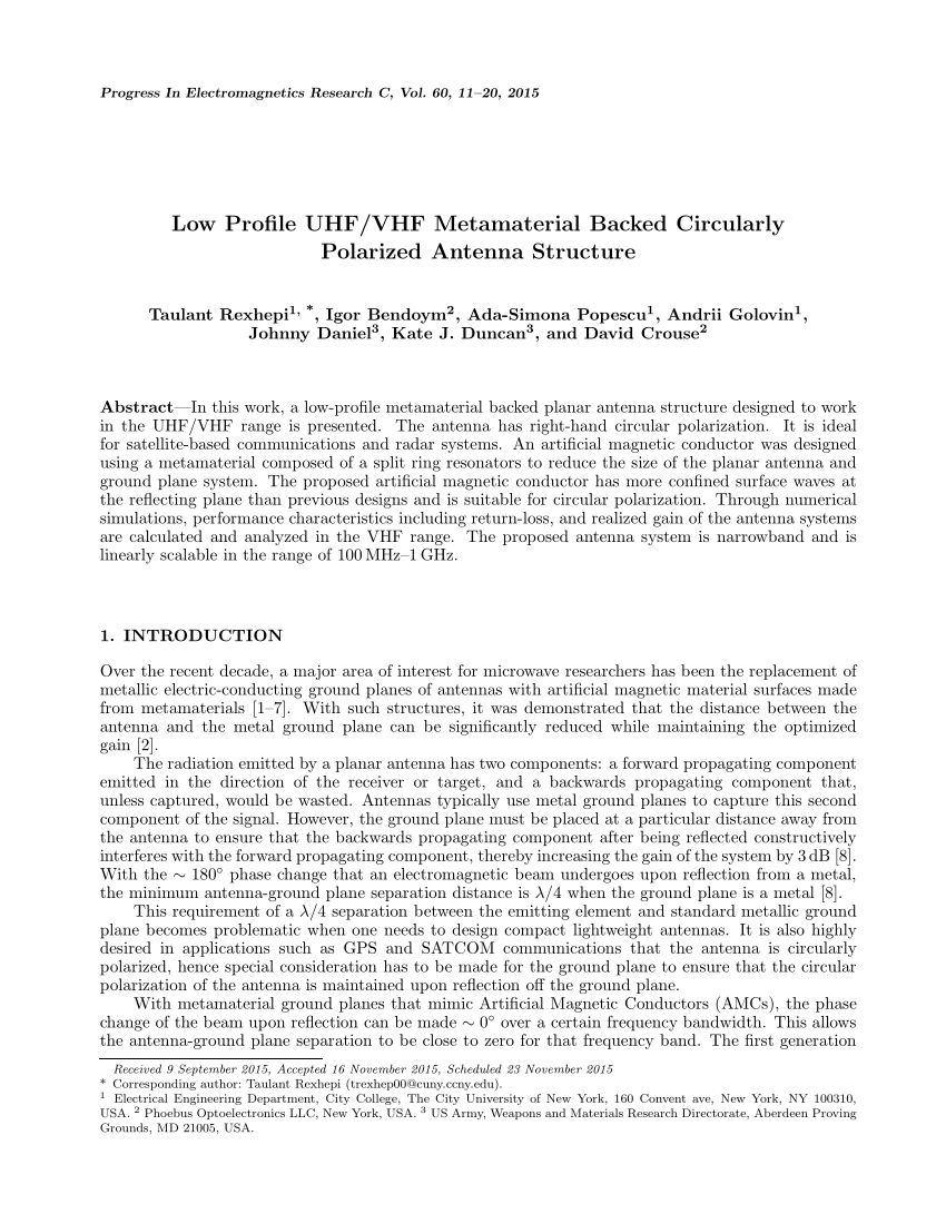 PDF) Low profile UHF/VHF metamaterial backed circularly polarized antenna  structure