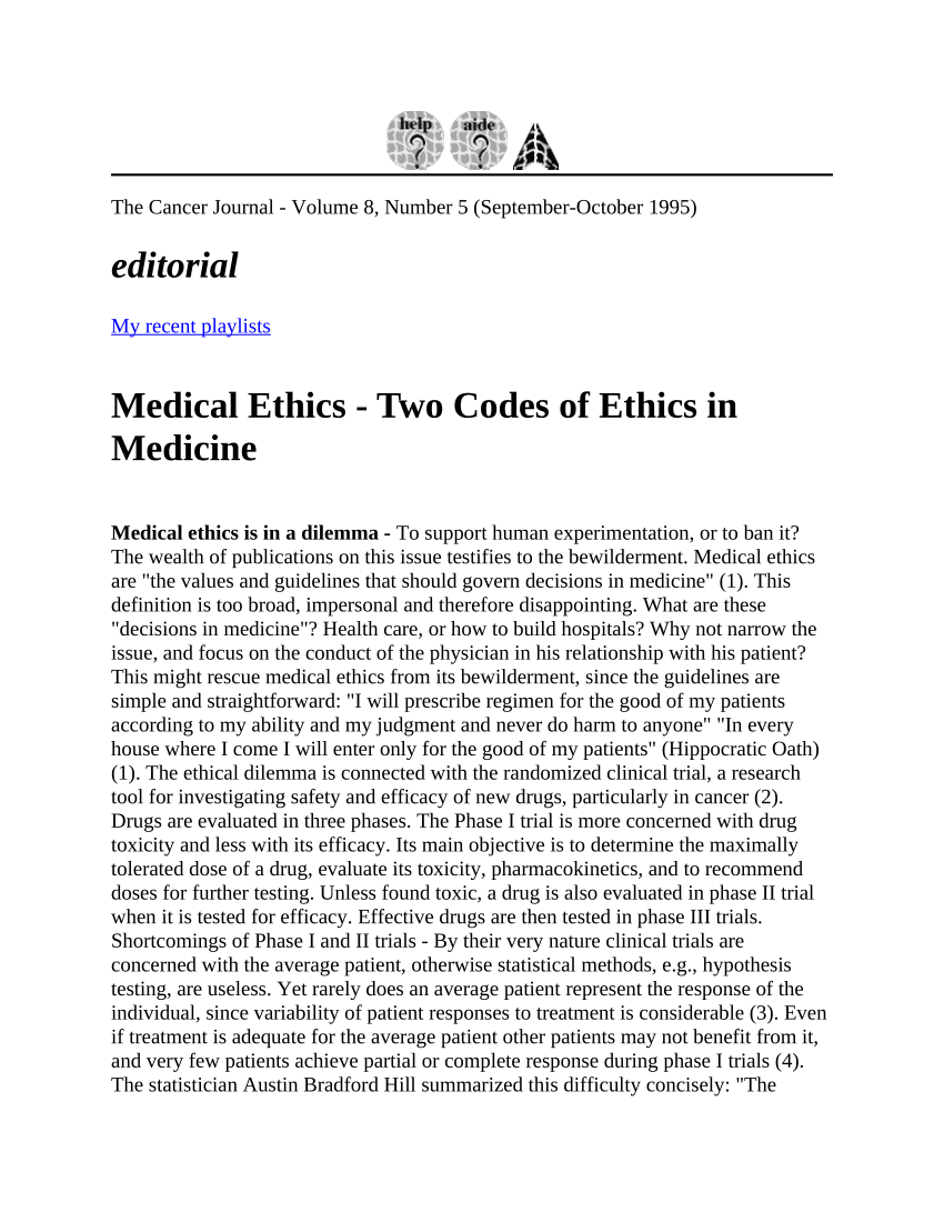 (PDF) Medical ethics Two codes of ethics in medicine