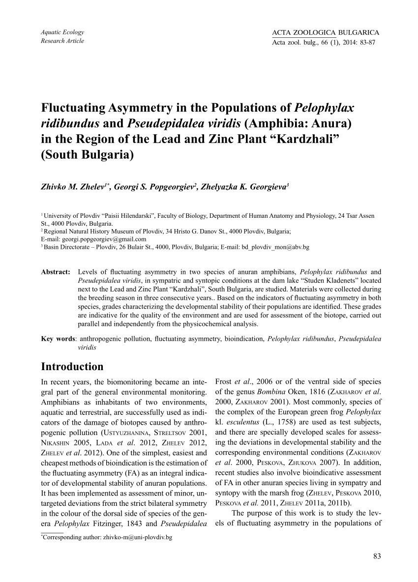 Pdf Fluctuating Asymmetry In The Populations Of Pelophylax Ridibundus And Pseudepidalea 9885