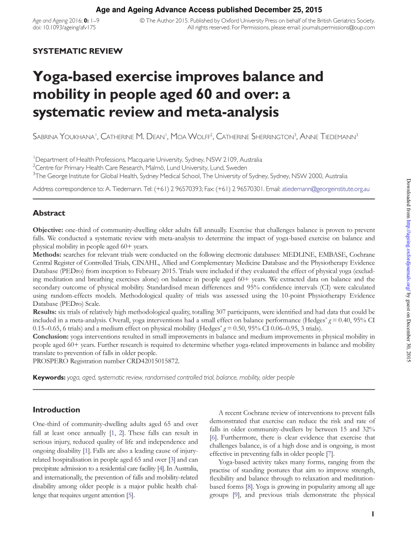 PDF) Yoga-based exercise improves balance and mobility in people aged 60  and over: A systematic review and meta-analysis
