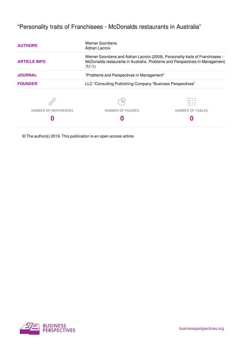 Pdf Personality Traits Of Franchisees Mcdonalds Restaurants In Australia