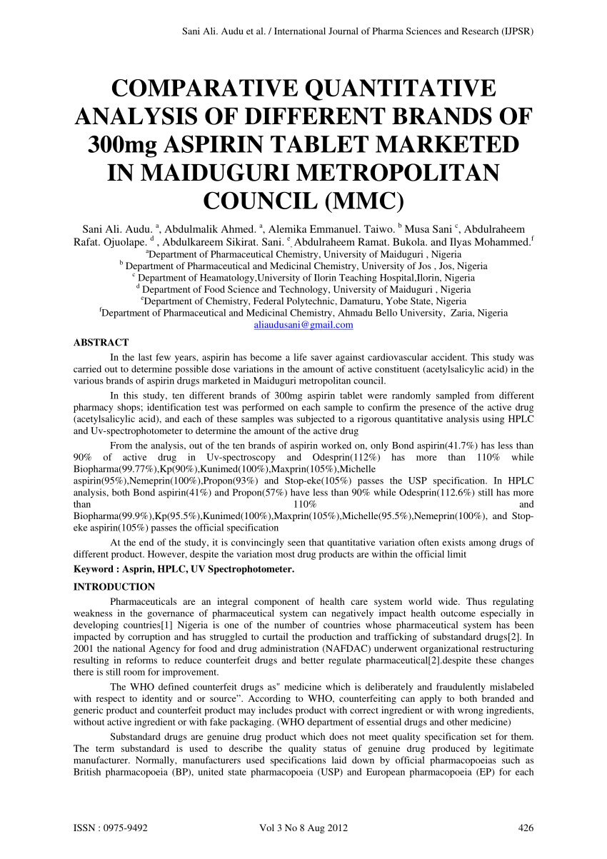 Pdf Comparative Quantitative Analysis Of Different Brands Of 300mg Aspirin Tablet Marketed In Maiduguri Metropolitan Council