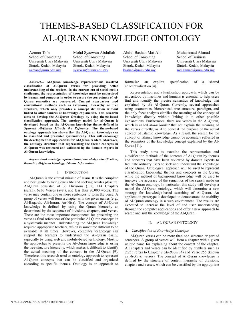 Pdf Themes Based Classification For Al Quran Knowledge Ontology