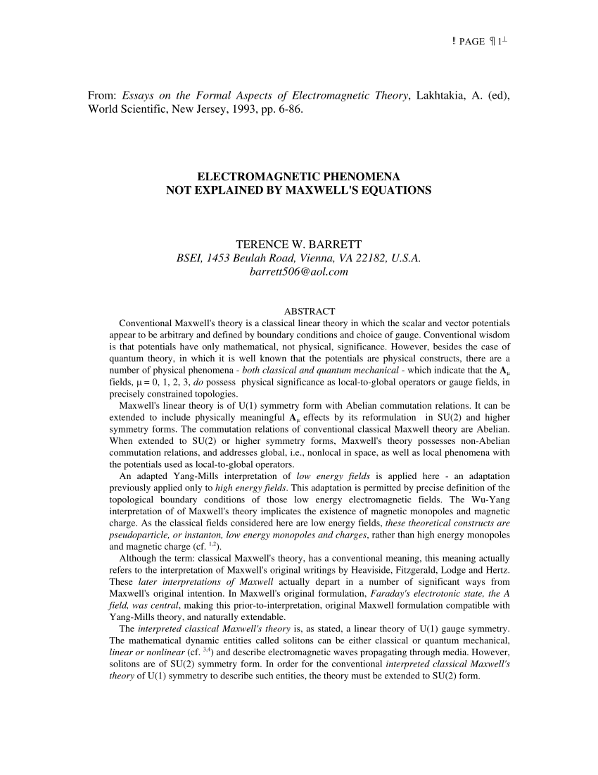 Pdf Electromagnetic Phenomena Not Explained By Maxwell S Equations