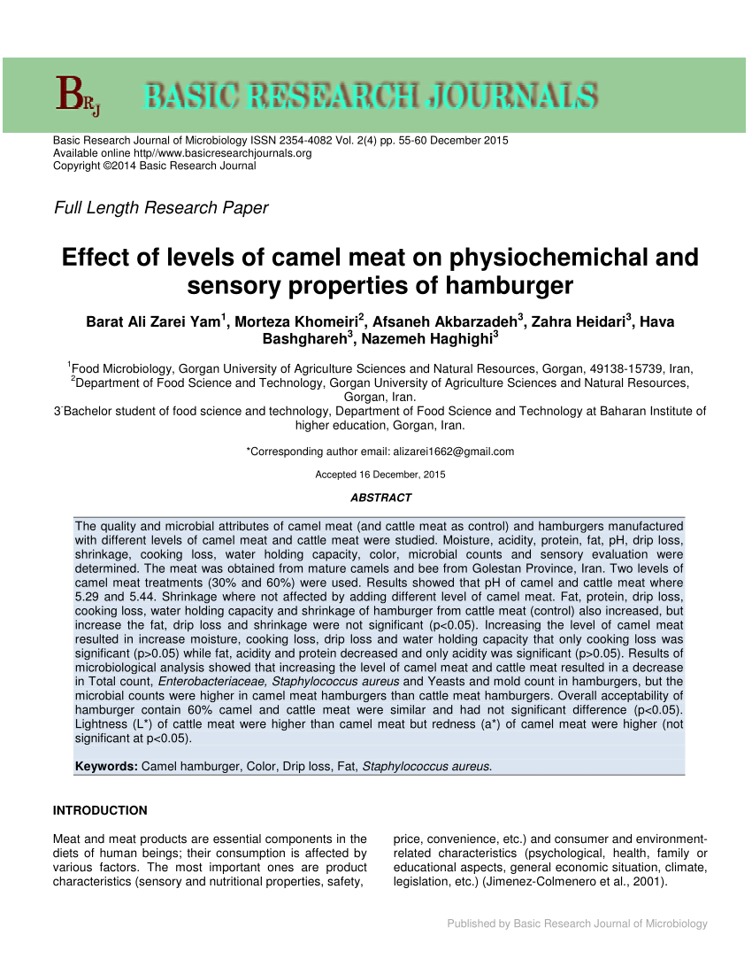 Pdf Effect Of Levels Of Camel Meat On Physiochemichal And Sensory Properties Of Hamburger