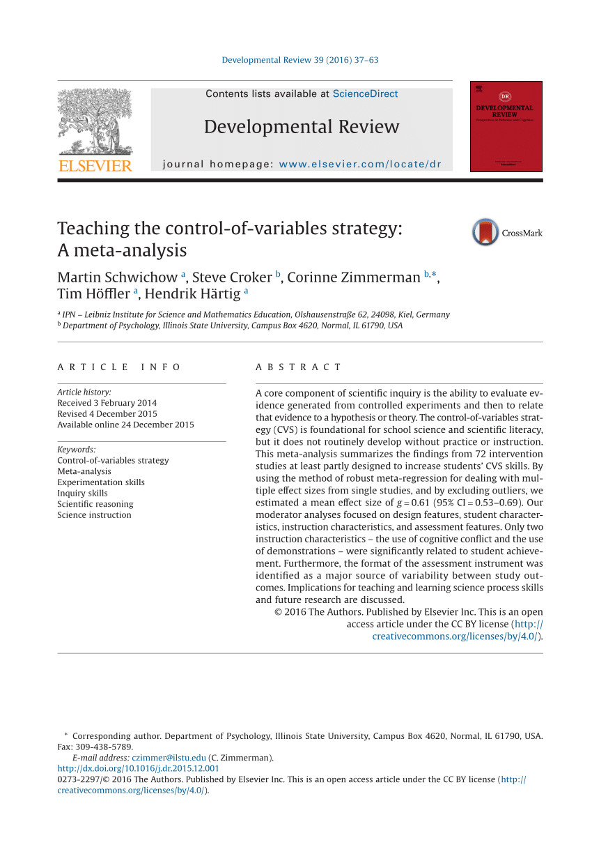 PDF Teaching the Control of Variables Strategy A Meta Analysis