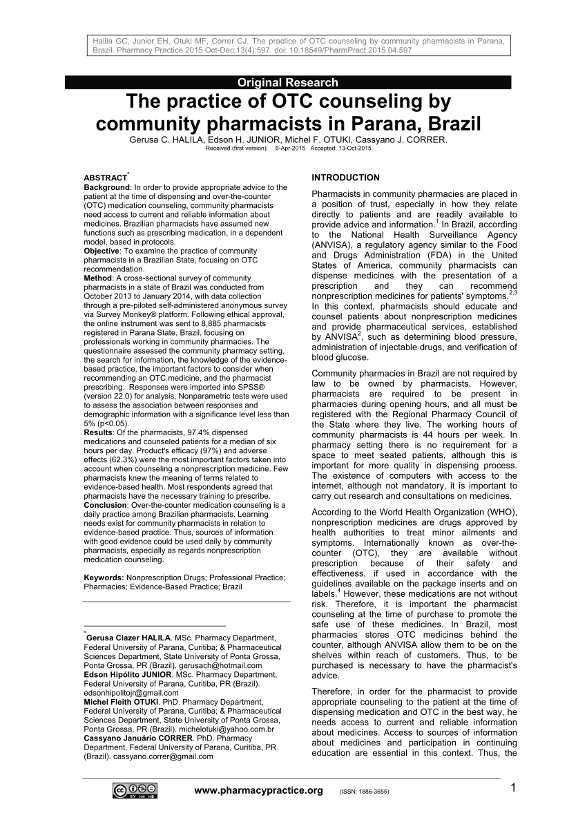 Pdf The Practice Of Otc Counseling By Community Pharmacists In Parana Brazil