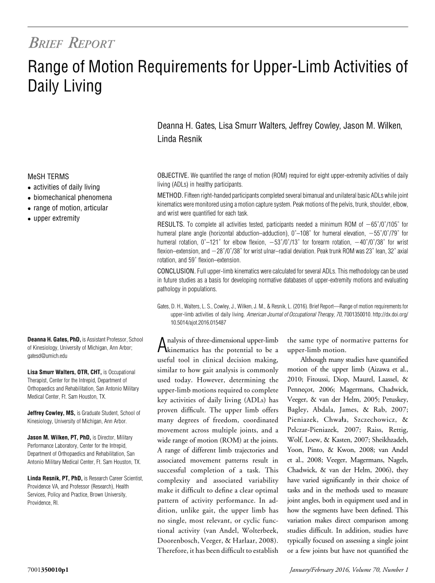 Pdf Range Of Motion Requirements For Upper Limb Activities Of Daily Living