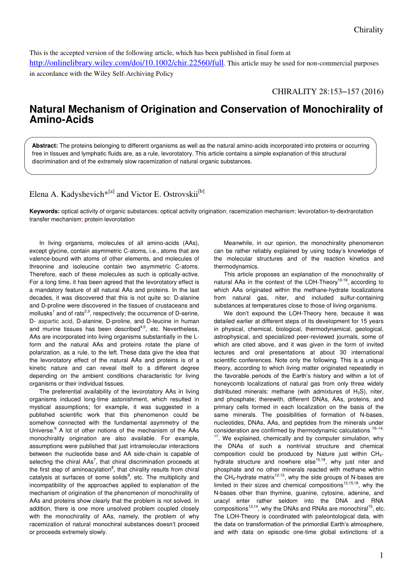 Pdf Natural Mechanism Of Origination And Conservation Of Monochirality Of Amino Acids