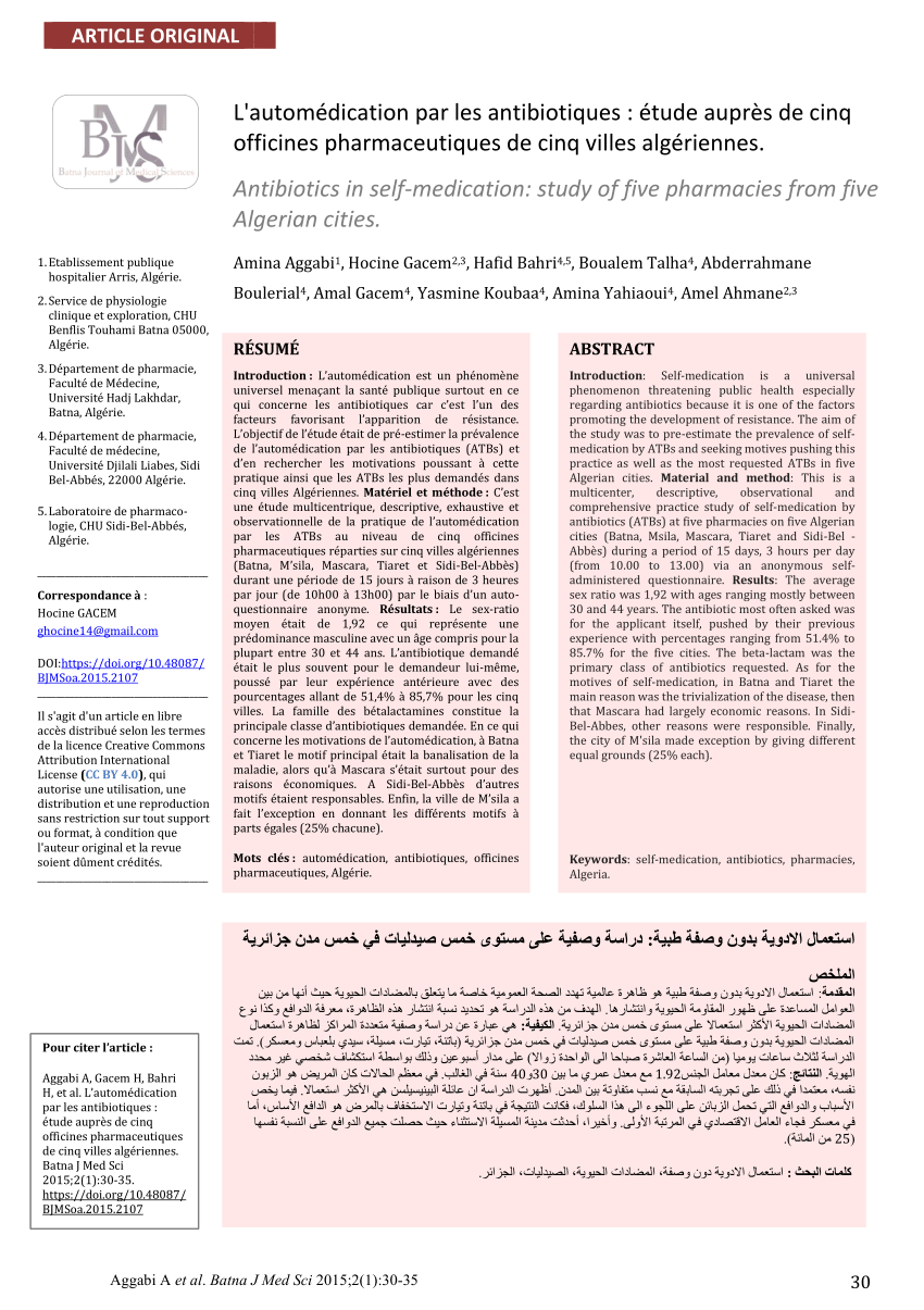 Pdf Antibiotics In Self Medication Study Of Five Pharmacies From Five Algerian Cities L Automedication Par Les Antibiotiques Etude Aupres De Cinq Officines Pharmaceutiques De Cinq Villes Algeriennes