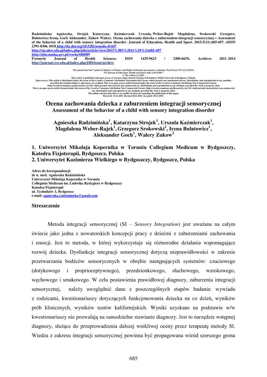 Pdf Ocena Zachowania Dziecka Z Zaburzeniem Integracji Sensorycznej Assessment Of The Behavior Of A Child With Sensory Integration Disorder