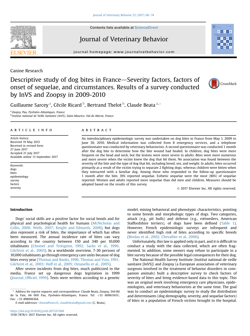 Pdf Epidemiology Of Dog Bites In France Setting Up A Multicentric Survey May 09 April 10