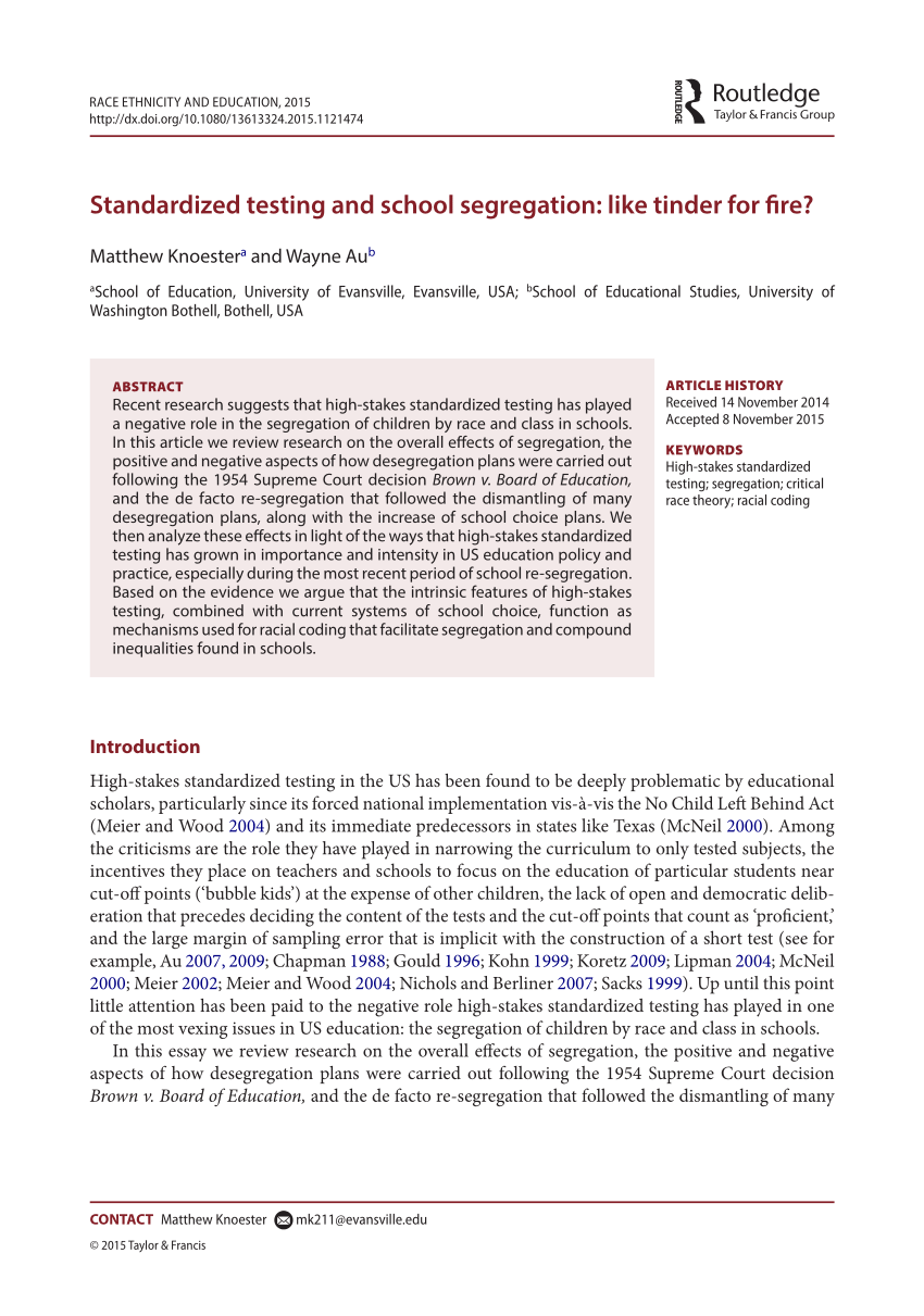 Pdf Standardized Testing And School Segregation Like Tinder For Fire