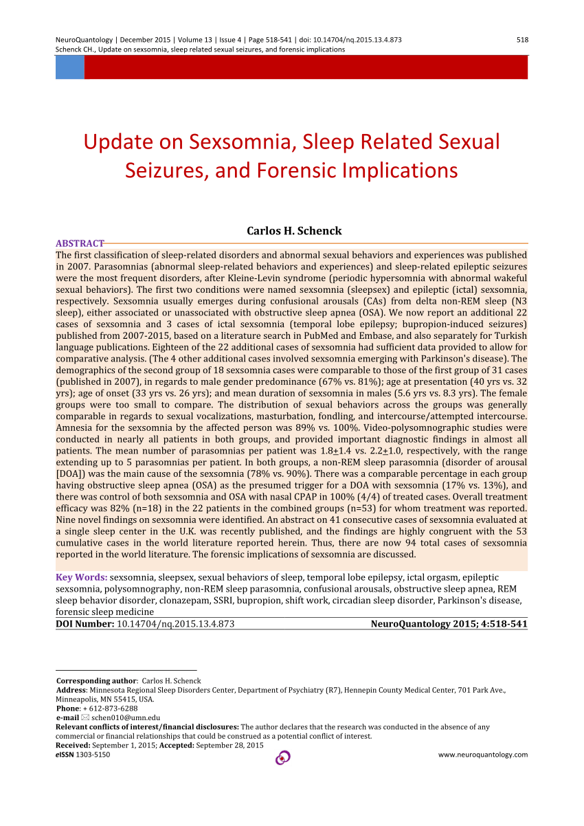 PDF) Update on Sexsomnia, Sleep Related Sexual Seizures, and Forensic Implications pic
