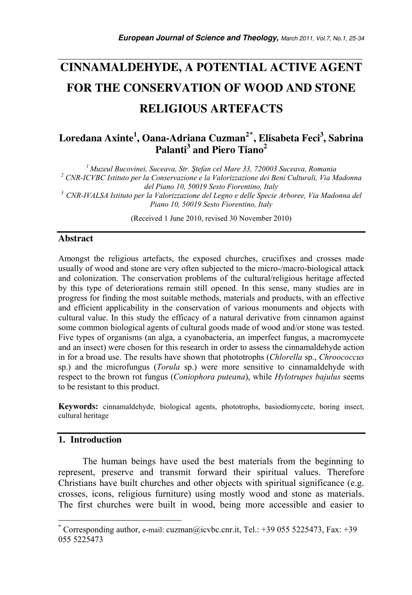 PDF) Cinnamaldehyde, a potential active agent for the conservation of wood  and stone religious artefacts