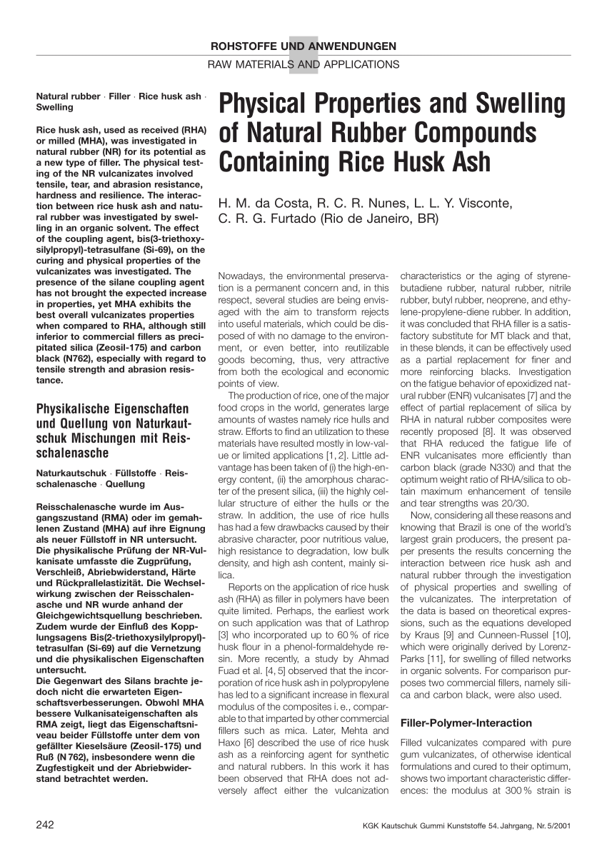 PDF) Physical properties and swelling natural rubber compounds containing rice ash