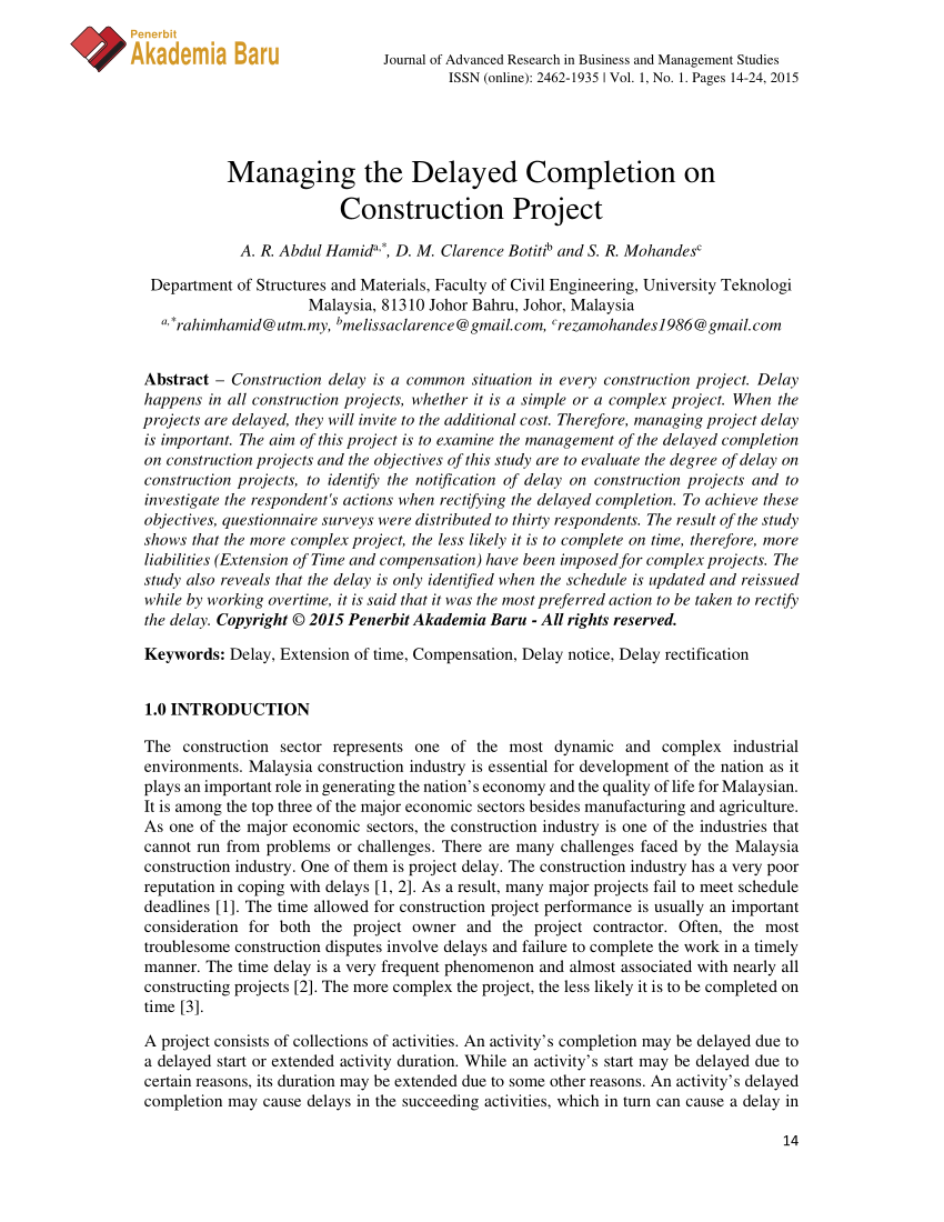 PDF) Managing the Delayed Completion on Construction Project