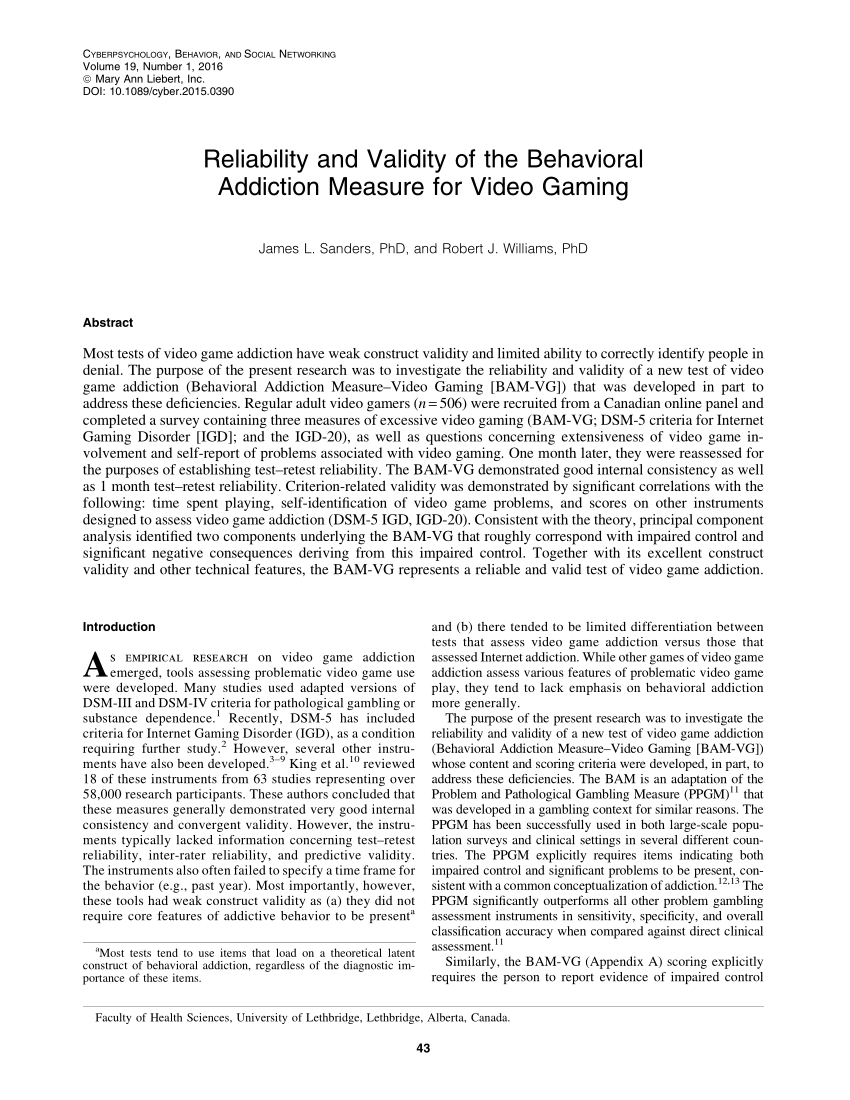 Pdf Reliability And Validity Of The Behavioral Addiction Measure For Video Gaming