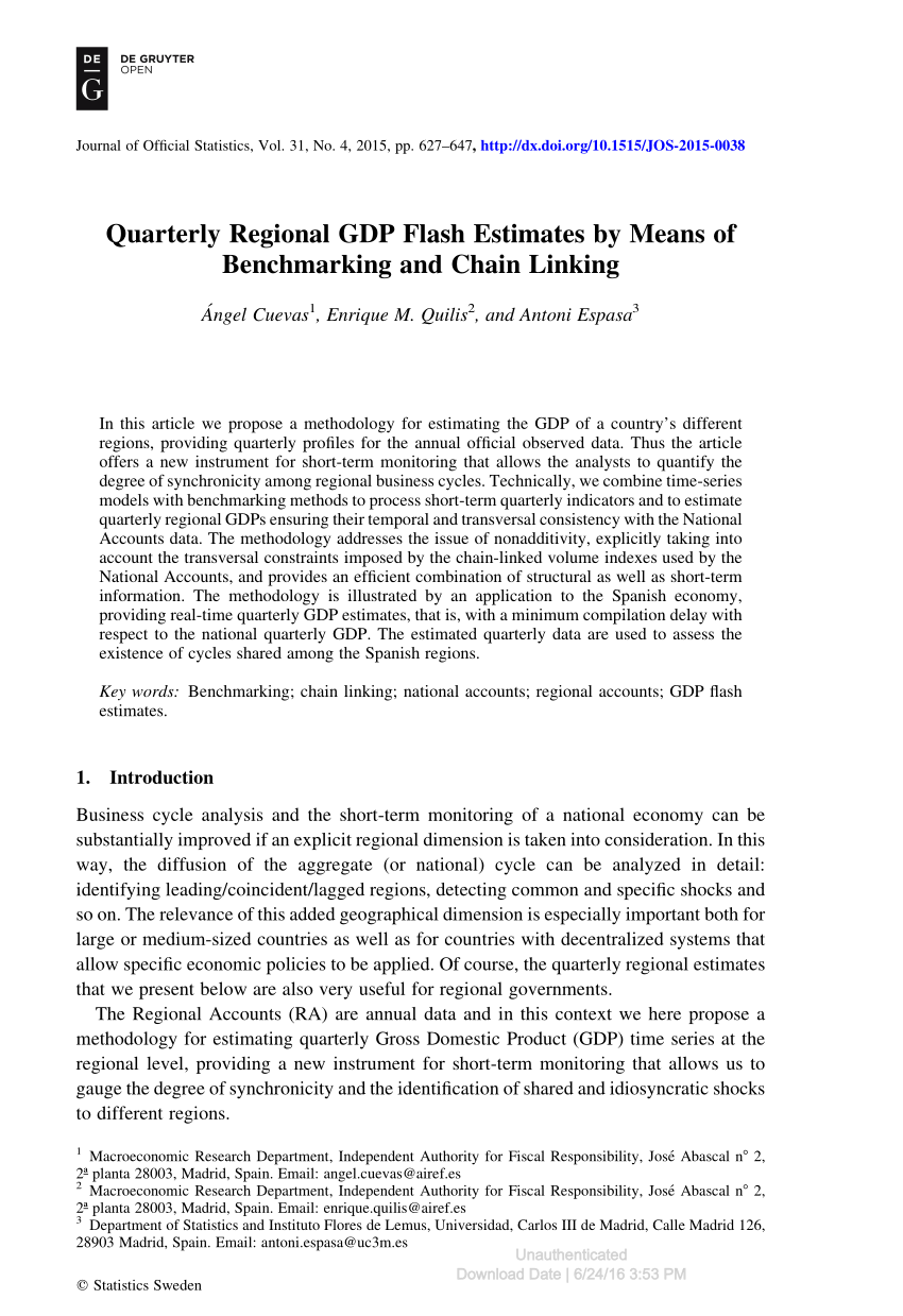 Pdf Quarterly Regional Gdp Flash Estimates By Means Of Benchmarking And Chain Linking