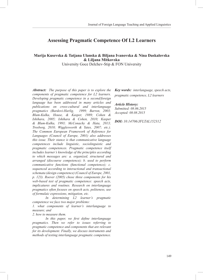 Pdf Assessing Pragmatic Competence Of L2 Learners