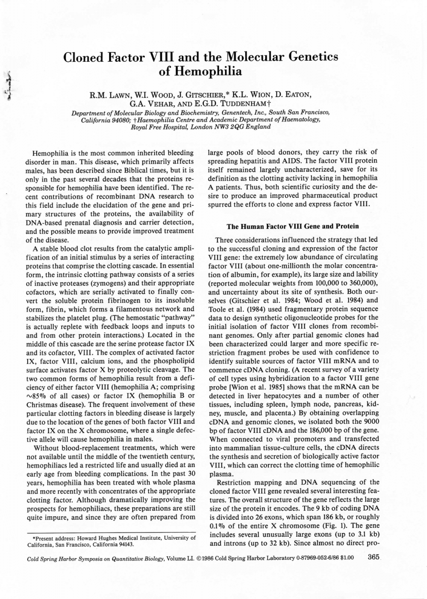 pdf) cloned factor viii and studies of the molecular genetics of