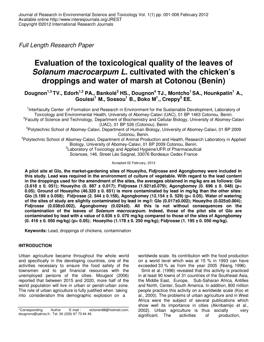 Pdf Evaluation Of The Toxicological Quality Of The Leaves Of Solanum Macrocarpum L Cultivated With The Chicken S Droppings And Water Of Marsh At Cotonou Benin