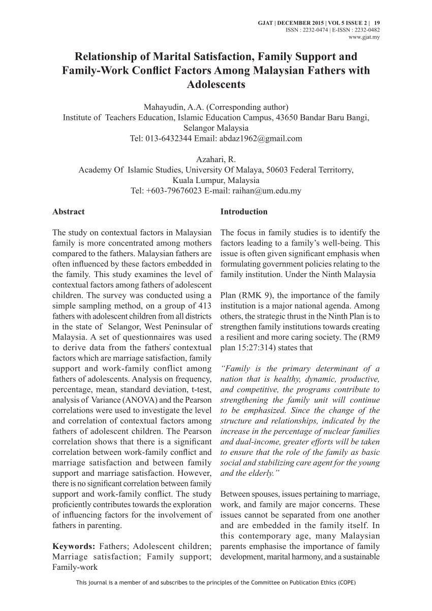 Pdf Relationship Of Marital Satisfaction Family Support And Family Work Conflict Factors Among Malaysian Fathers With Adolescents