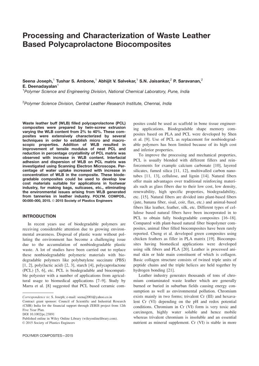 Pdf Processing And Characterization Of Waste Leather Based Polycaprolactone Biocomposites