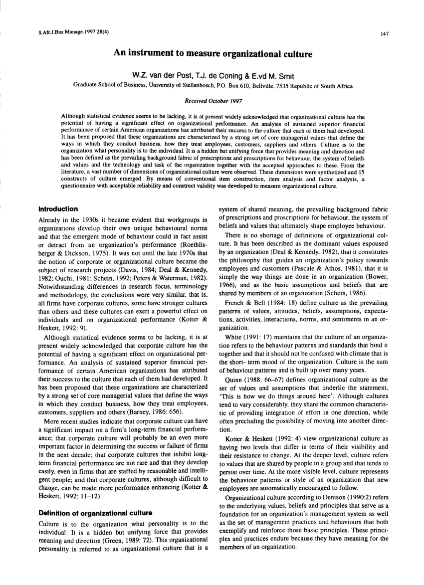 Pdf An Instrument To Measure Organizational Culture